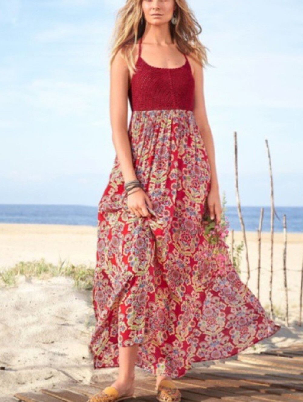 Sundance Bohemian Crotchet Halter Maxi Dress Red Floral Size S